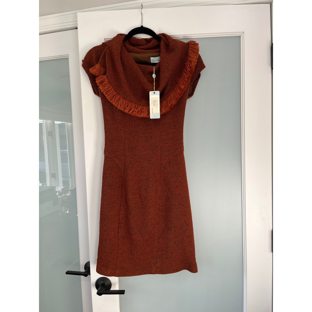Tracy Reese New York Fringed Collar‎ Dress Size 4 Rust Textured Sheath